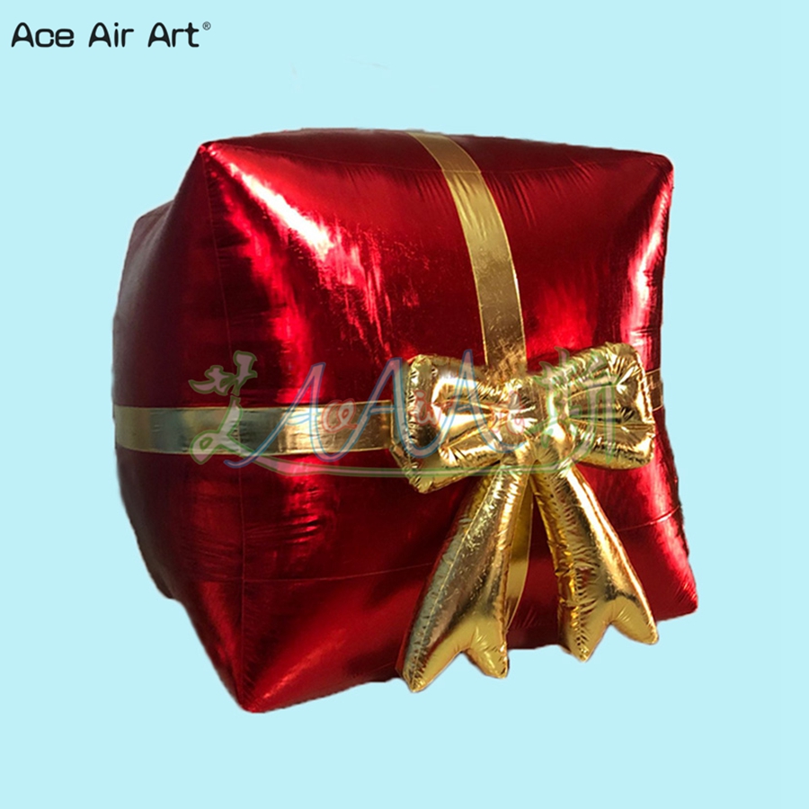 2mWx2mH Luxuriant Inflatable Christmas Gift Bag, Present Box With Golden Ribbon For Hanging Decoration