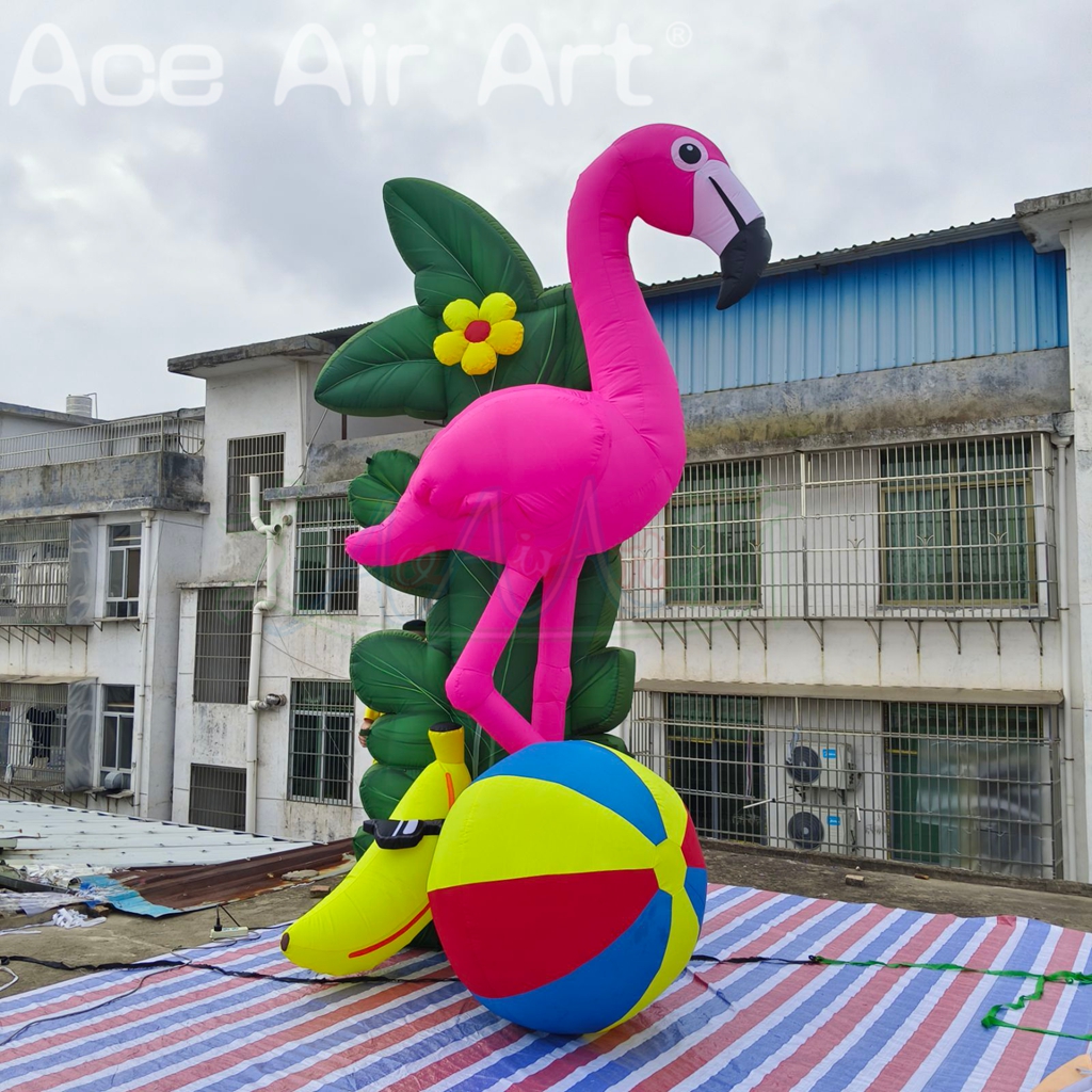 Tropical Theme Event Decoration Inflatable Flamingo Model Balloon With Beach Ball for Summer Party