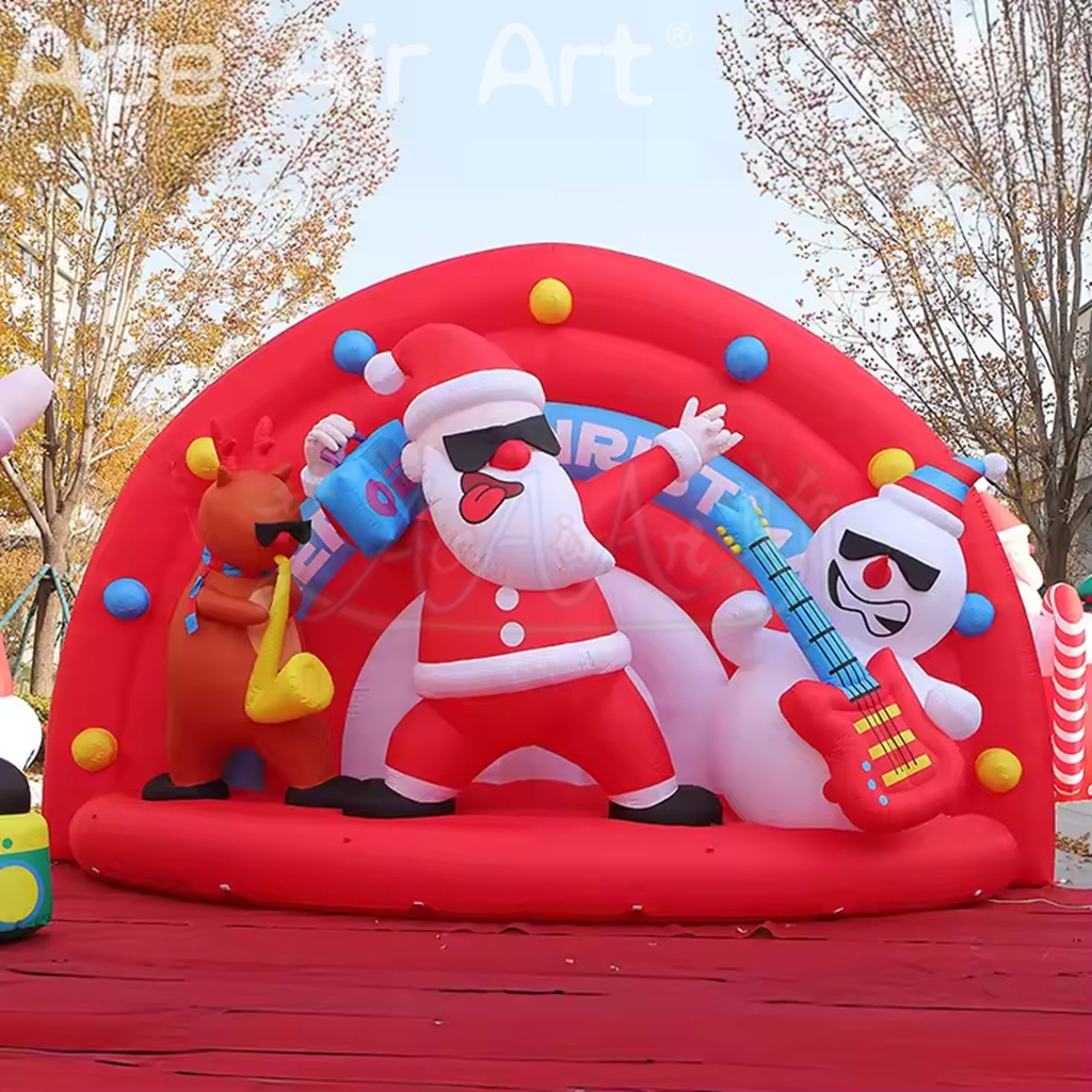 Inflatable Rock Stage with Cool Santa Playing Guitar Snowman and Music Reindeer Christmas Band Show