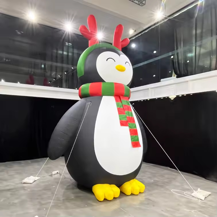 Giant Cute Inflatable Penguin with Christmas Scarf and Antler Headband for Holiday Decor
