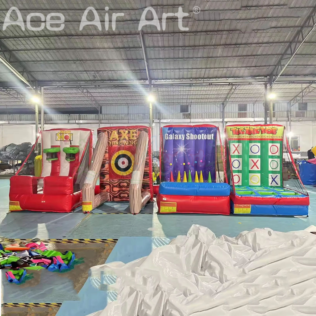 4 in 1 Inflatable Carnival Game Set Hoop Shot Axe Throwing Galaxy Shootout Tic Tac Toe Toss Game for Kids Party Festival Event
